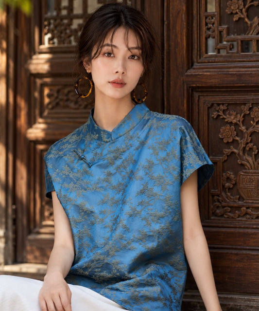 Azure Blossom Jacquard Cheongsam Top