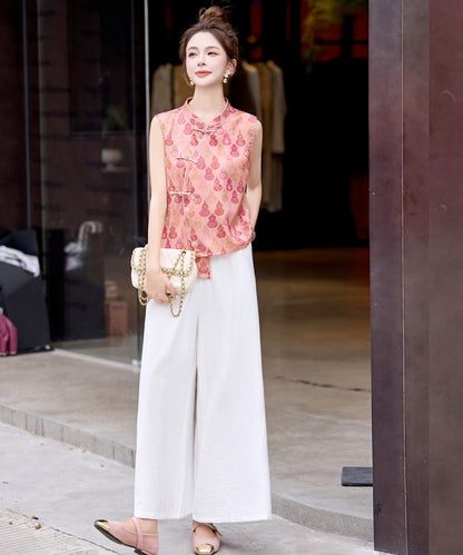 Porcelain Glow Mandarin Cheongsam Top Bottom Set