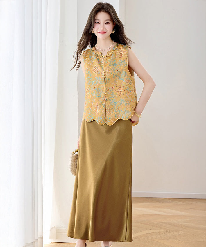 Ensemble gilet et jupe cheongsam Aurelia Gold