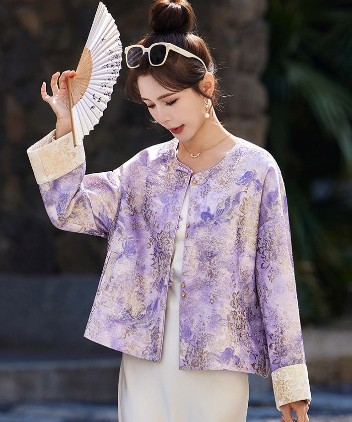 Veste qipao en jacquard floral sauge argentée
