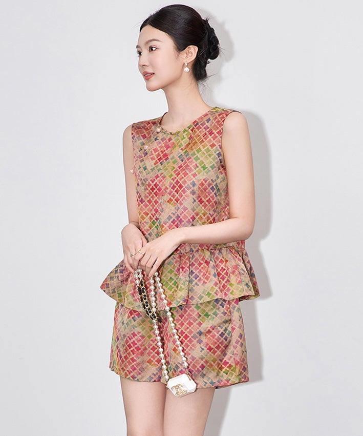 모자이크 블룸 페플럼 치파오 상의 및 반바지 세트