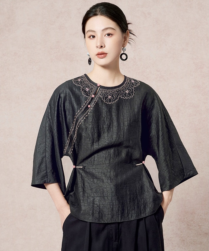 Midnight Filigree Silk Cheongsam Top