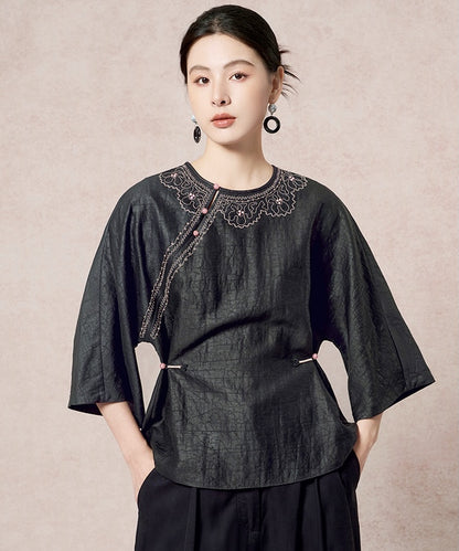 Midnight Filigree Silk Cheongsam Top