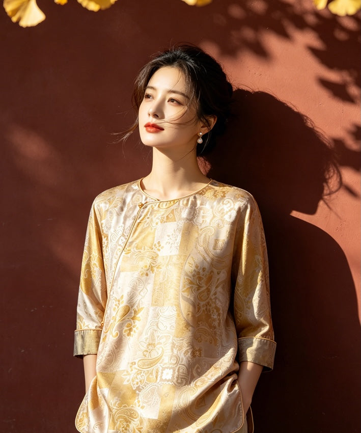 Golden Reverie Silk Oriental Top