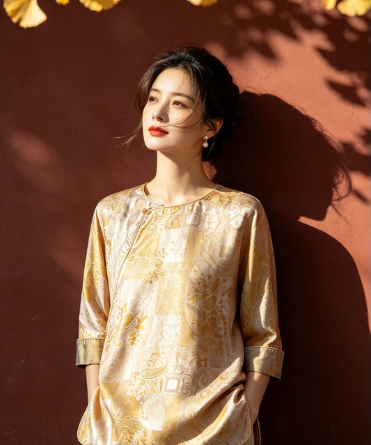 Golden Reverie Silk Oriental Top