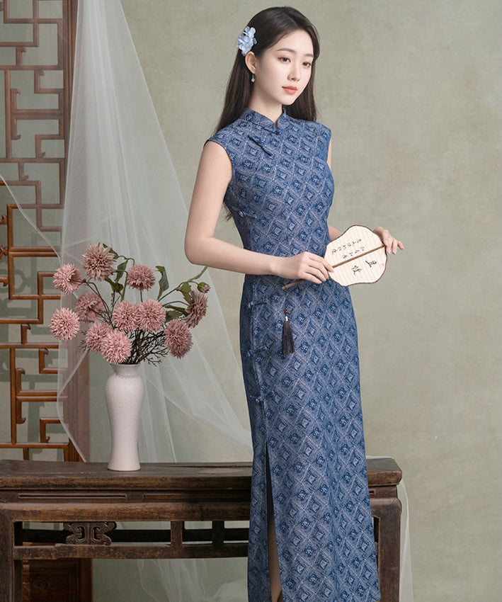 Luosha Blue Maxi Cheongsam