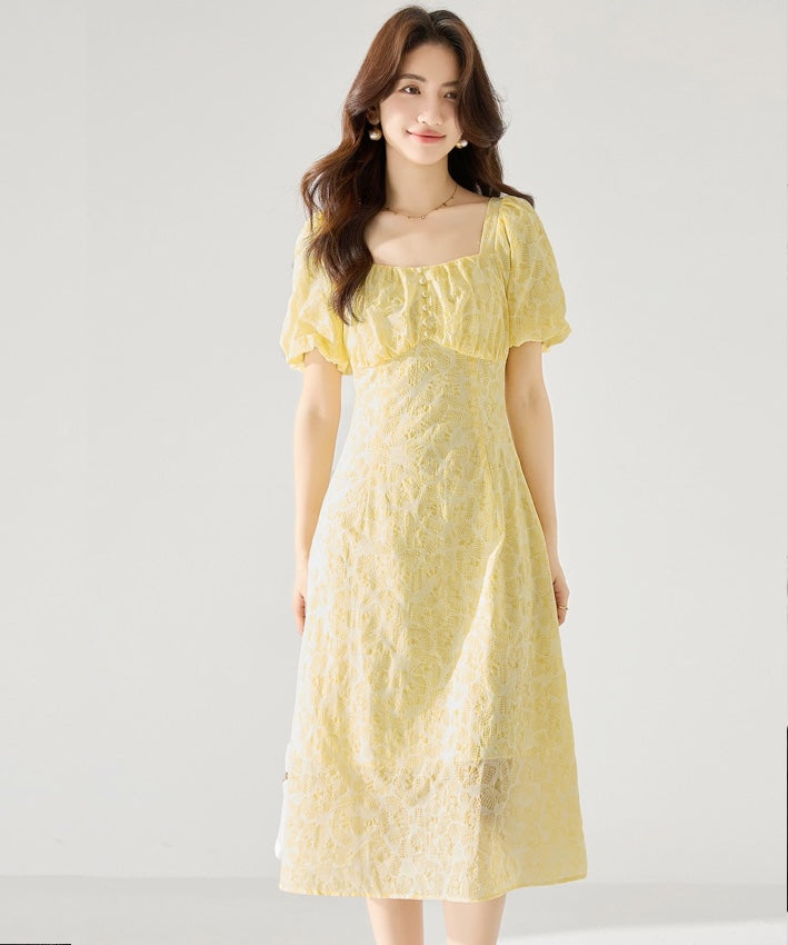 Juliet Yellow Elegant Tea Dress