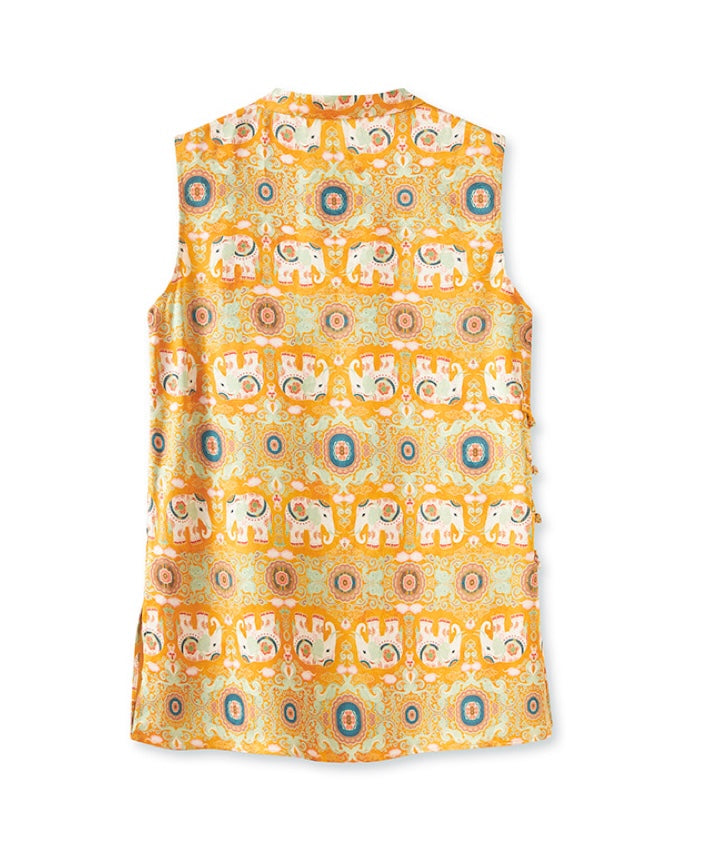 Orange Elephant-Print Cheongsam Top