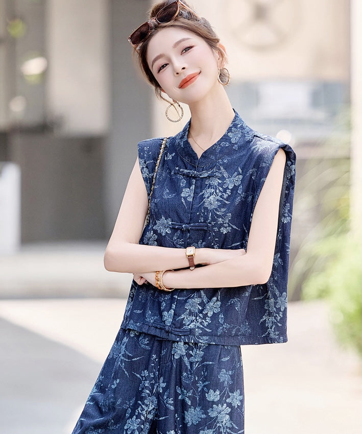 Indigo Floral Top Pants Set