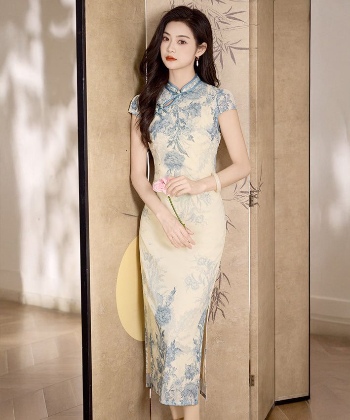 Azure Porcelain Bloom Cheongsam Dress