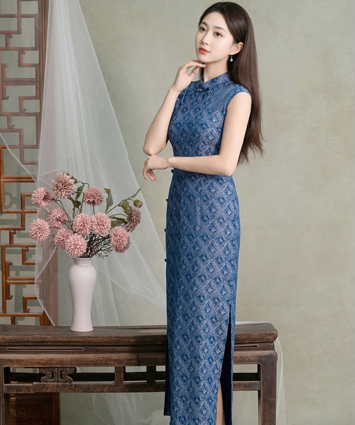 Luosha Blue Maxi Cheongsam