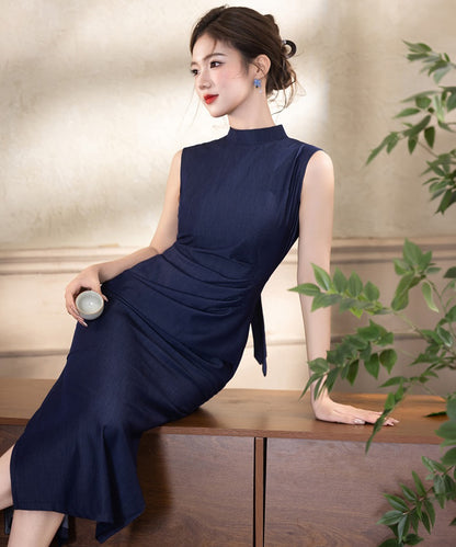 Navy Blue Bow Collar Modern Cheongsam