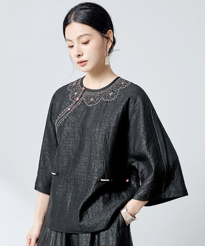 Midnight Filigree Silk Cheongsam Top