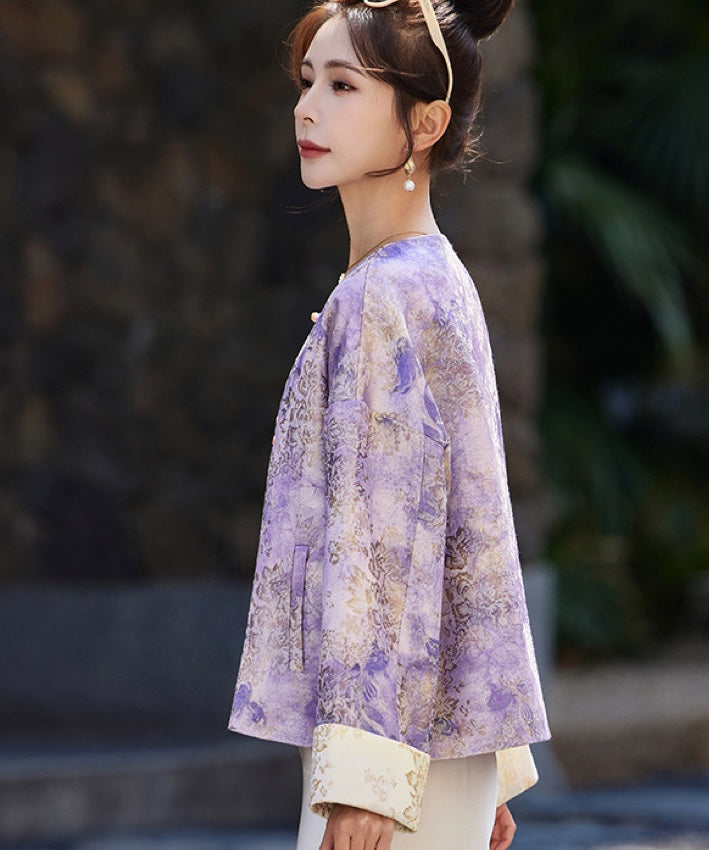 Veste qipao en jacquard floral sauge argentée