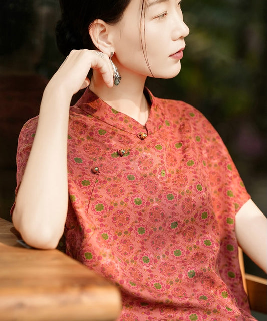 Coral Medallion Silk Cheongsam Top