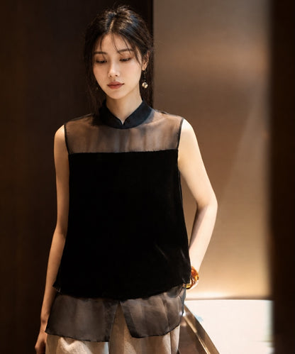 Black Velvet Sheer Panel Cheongsam Top
