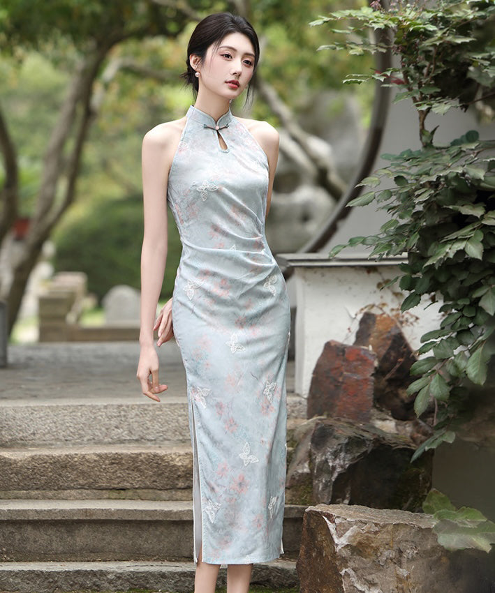 Cheongsam con scollo all'americana color oliva