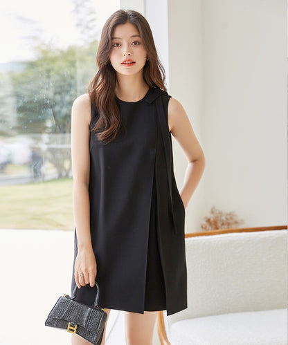 Sleeveless Short Black Dress with Flowy Ribbon
