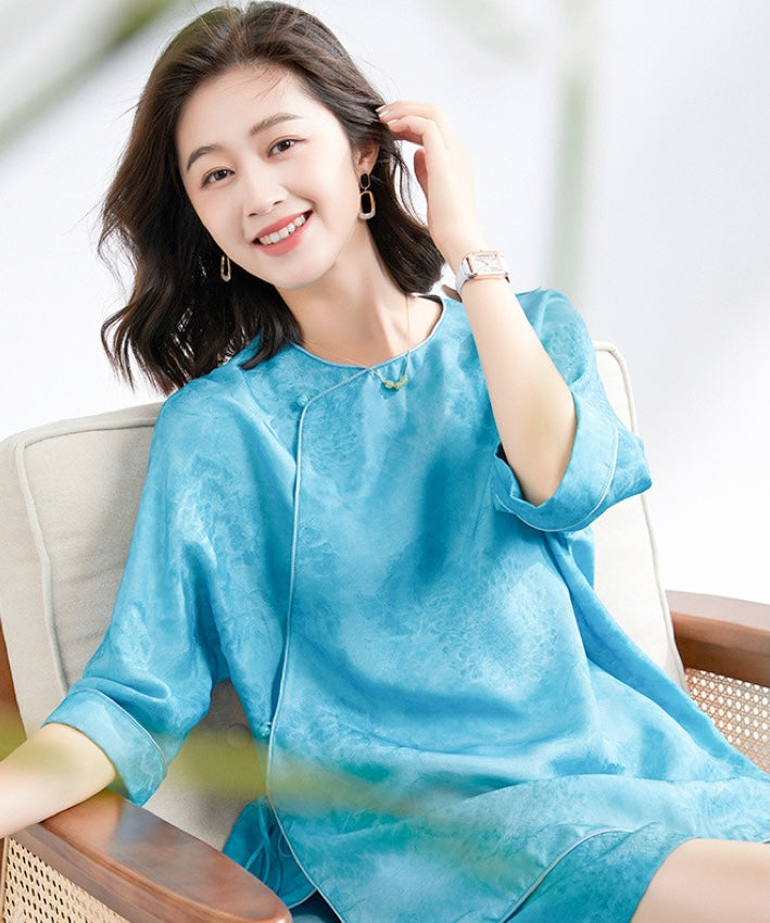 Lake Blue Wrap Top Silk Cheongsam Set