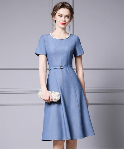 Elise Belted Blue Midi Dress