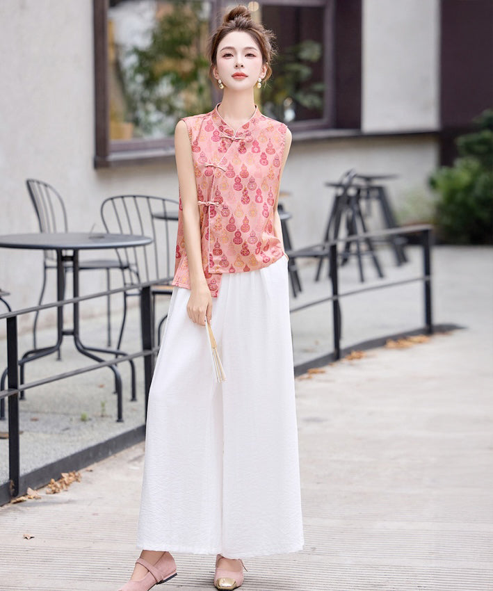Porcelain Glow Mandarin Cheongsam Top Bottom Set