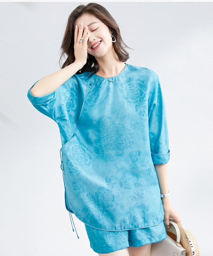 Lake Blue Wrap Top Silk Cheongsam Set
