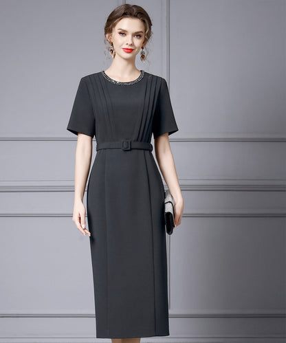 Celeste Beaded Neckline Black Midi Dress