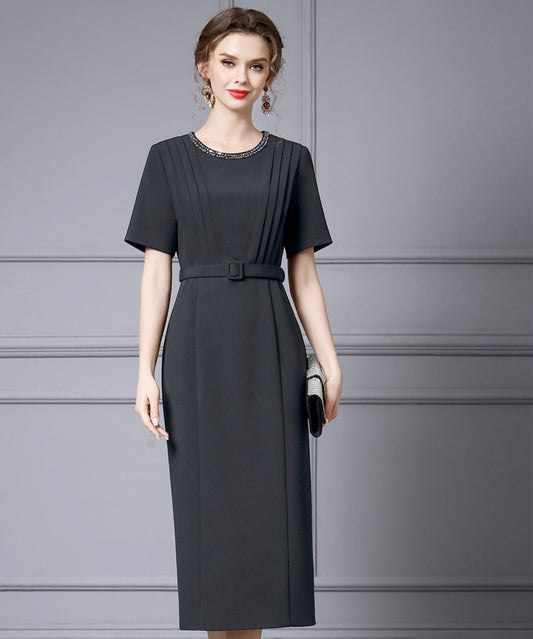 Celeste Beaded Neckline Black Midi Dress