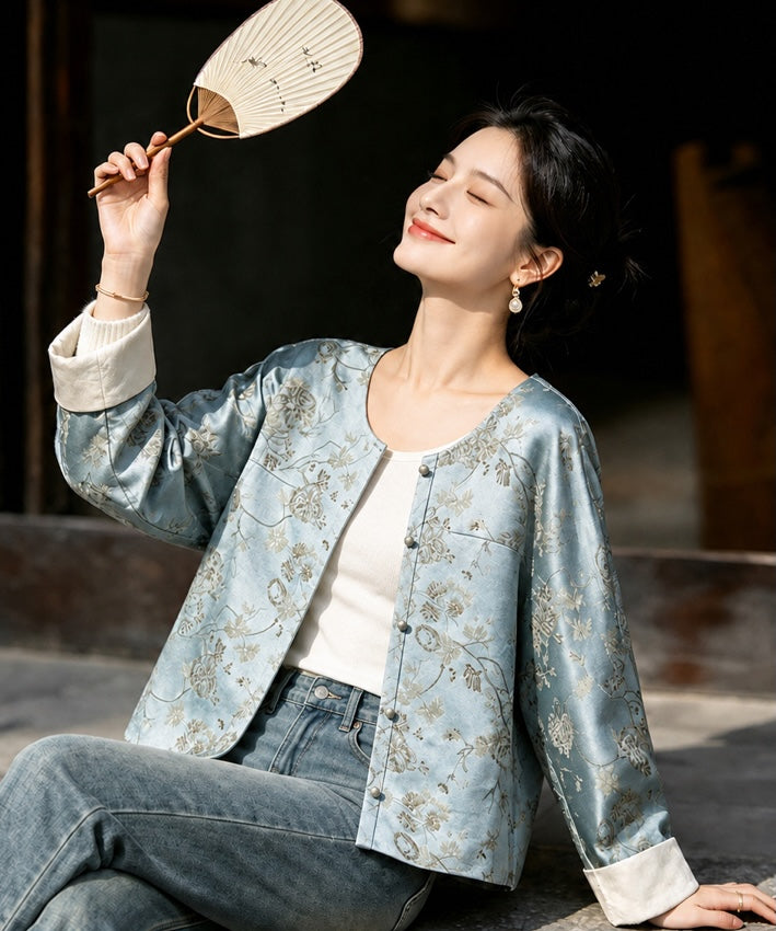 锦溪花卉真丝旗袍外套