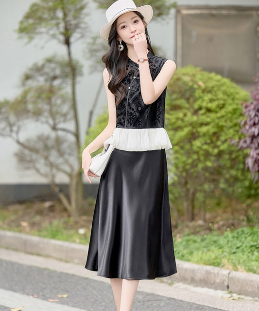 Noelle Contrast Cheongsam Top + Strap Dress Set