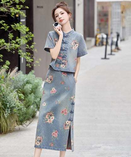 Elowen Garden Denim Cheongsam Set