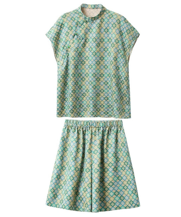 Maelys Jade Mosaic Silk Cheongsam Set