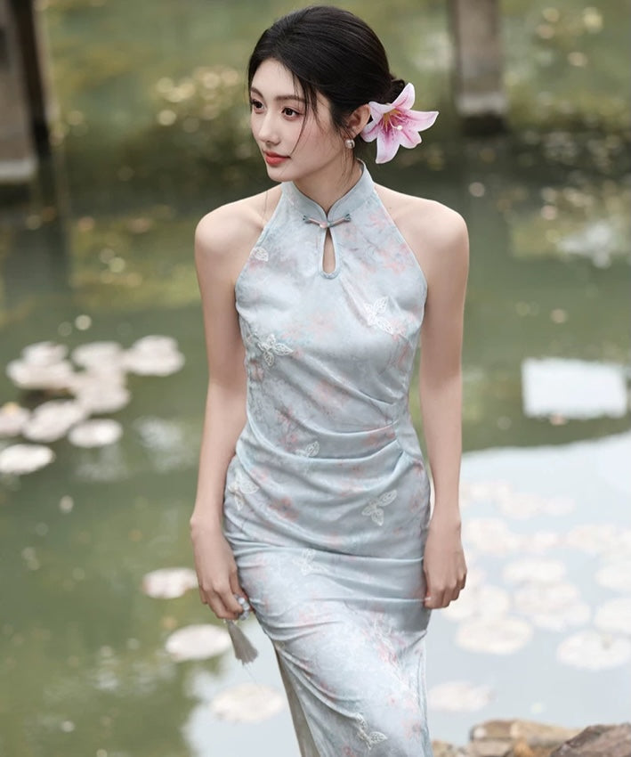 Cheongsam con scollo all'americana color oliva