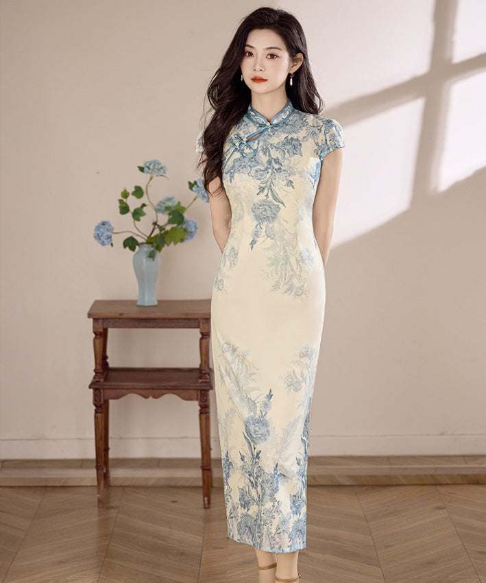 Azure Porcelain Bloom Cheongsam Dress