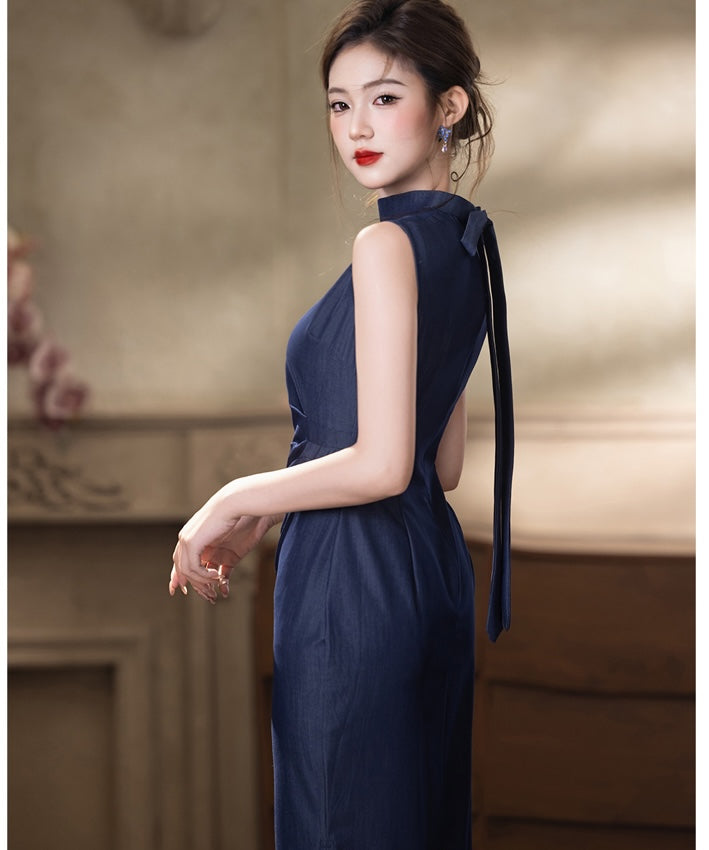 Navy Blue Bow Collar Modern Cheongsam