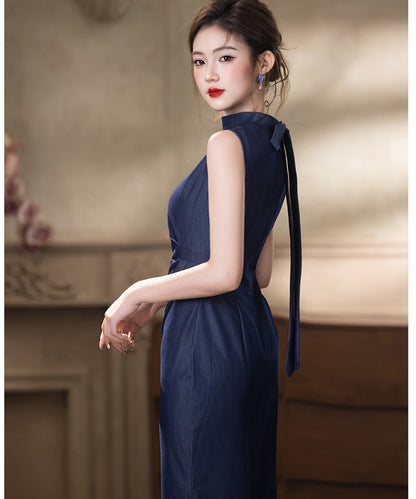 Navy Blue Bow Collar Modern Cheongsam