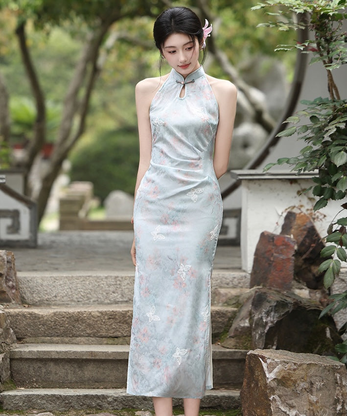 Cheongsam con scollo all'americana color oliva