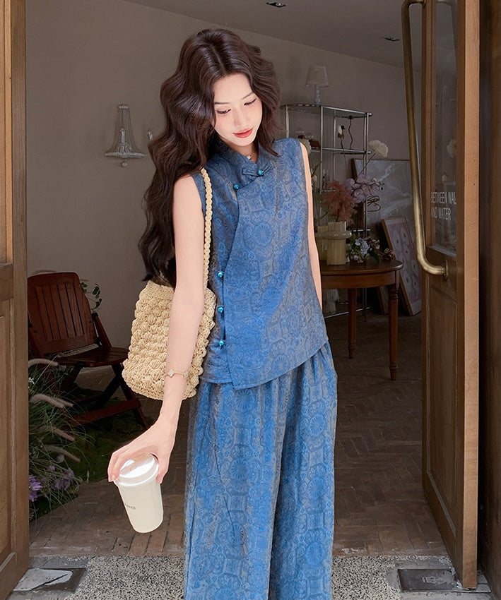 Blue Brocade Oriental Top & Wide-Leg Pants Set