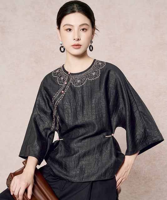 Midnight Filigree Silk Cheongsam Top