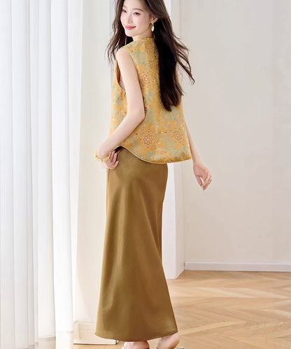 Ensemble gilet et jupe cheongsam Aurelia Gold