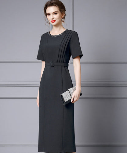 Celeste Beaded Neckline Black Midi Dress