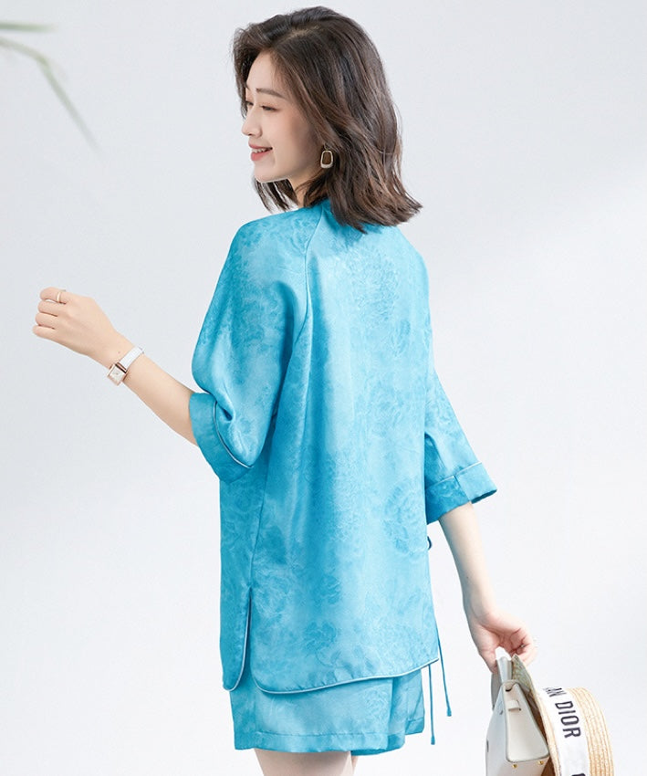 Lake Blue Wrap Top Silk Cheongsam Set
