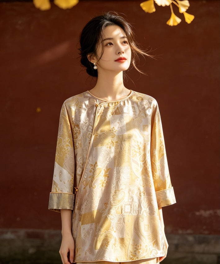 Golden Reverie Silk Oriental Top