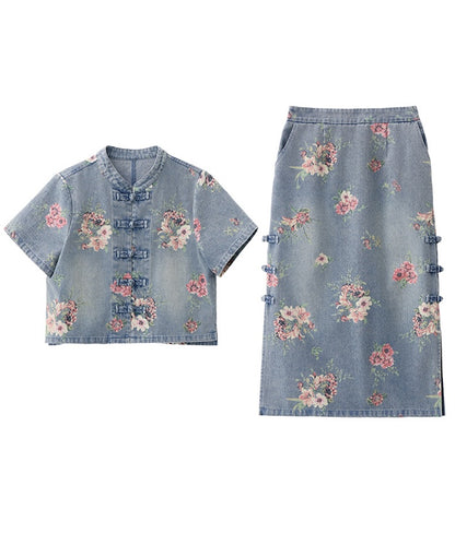 Elowen Garden Denim Cheongsam Set