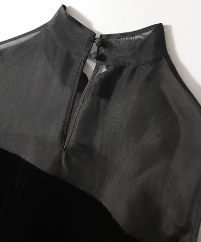 Black Velvet Sheer Panel Cheongsam Top