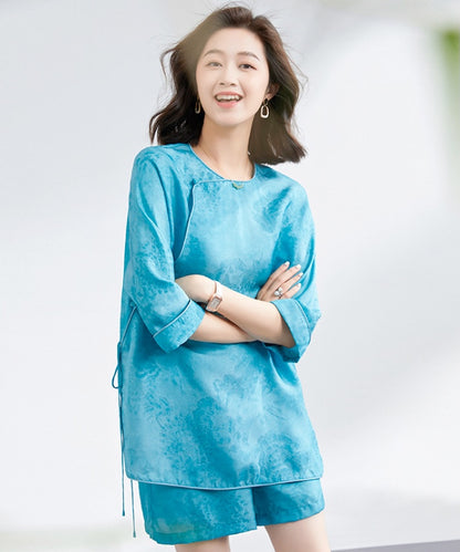 Lake Blue Wrap Top Silk Cheongsam Set