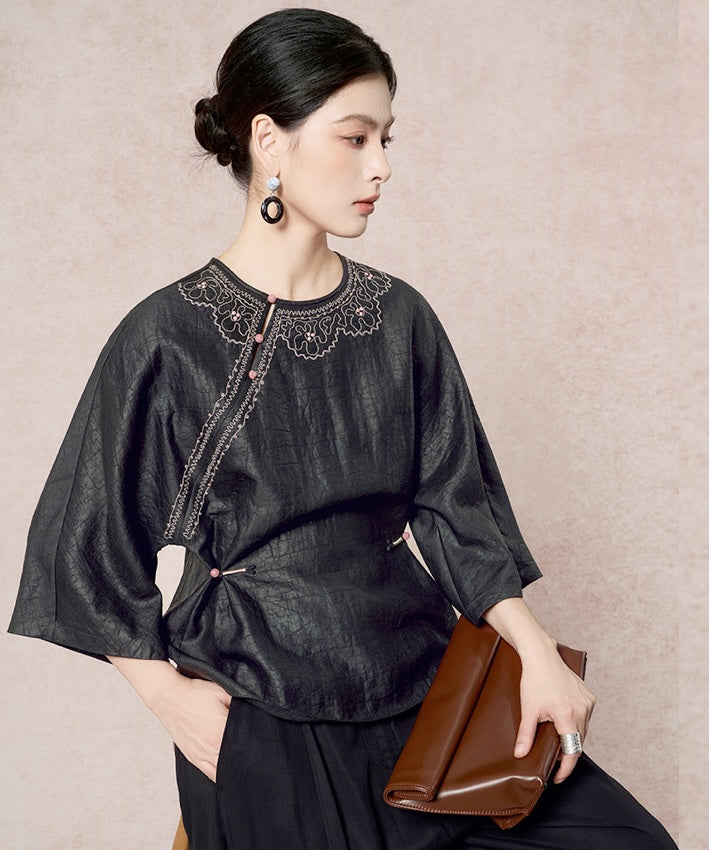 Midnight Filigree Silk Cheongsam Top