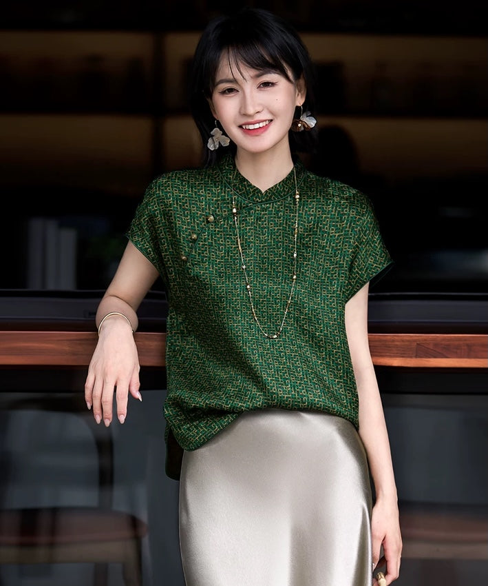 Emerald Geometric Cheongsam Silk Top
