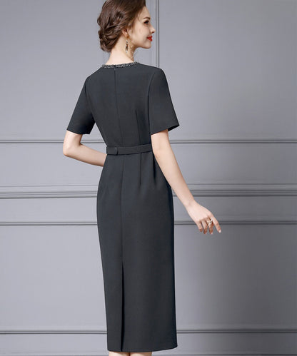 Celeste Beaded Neckline Black Midi Dress