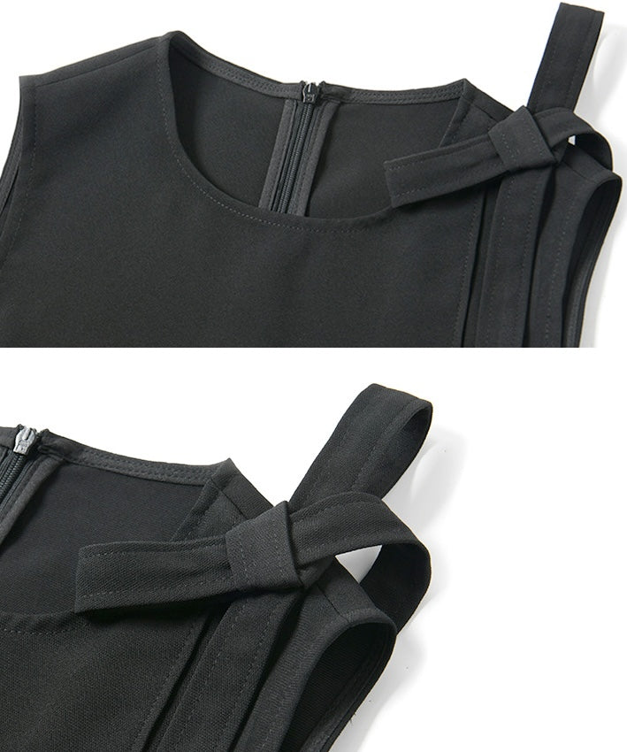 Sleeveless Short Black Dress with Flowy Ribbon